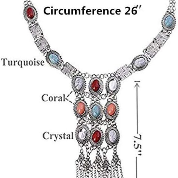 Turquoise Long Boho Bohemian Statement Ethnic Tribal Necklace for Women Vintage - Picture 3 of 7